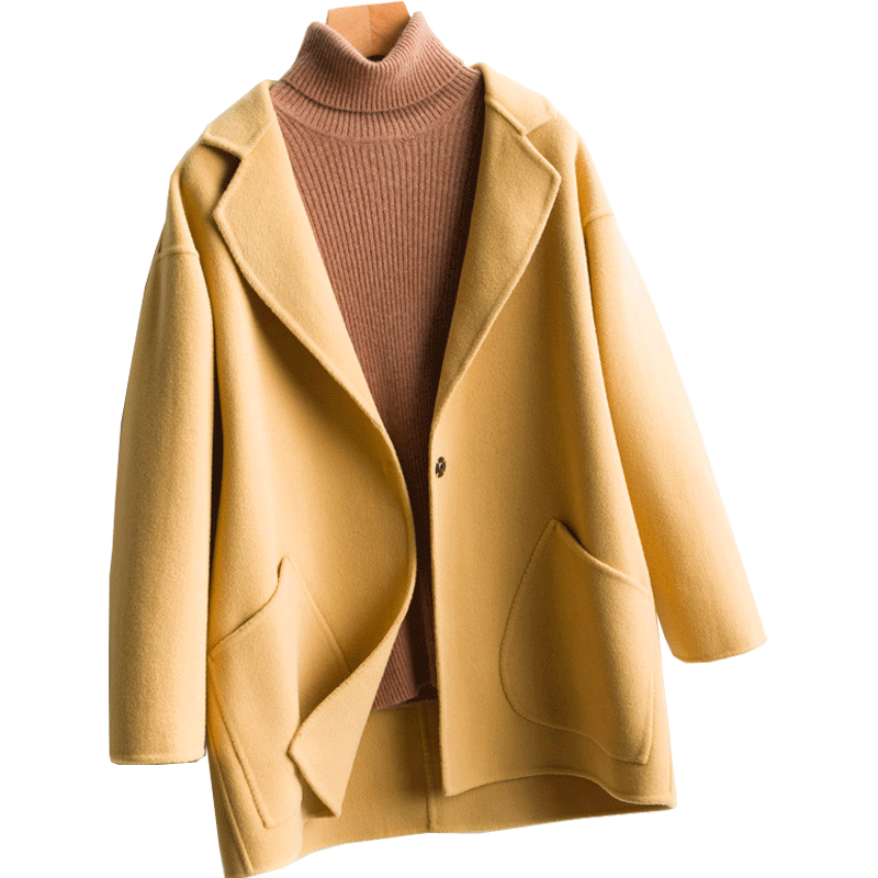 suntek秋冬新款双面大衣女短款韩版宽松茧型小个子毛厚外套外套短外套