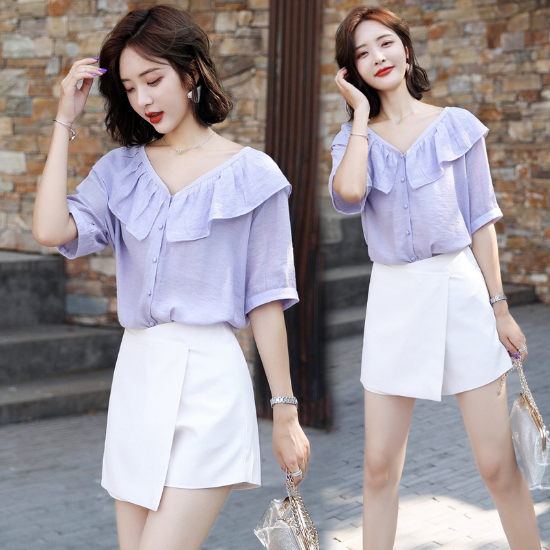 年轻风套装夏款省心搭配荷叶边漏肩短袖气质雪纺上衣配短裤两件套