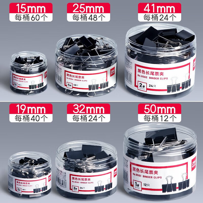 得力8564-4#黑色长尾票夹25mm 筒装(黑)(48只/筒)高清大图