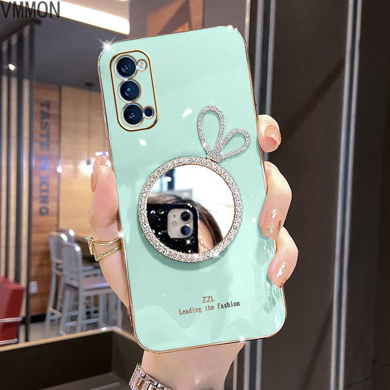 VMONN兔耳朵补妆镜OPPOReno4手机壳0pp0网红水钻女生款ren04高档软外壳REN04直边电镀0PP0超高清大图