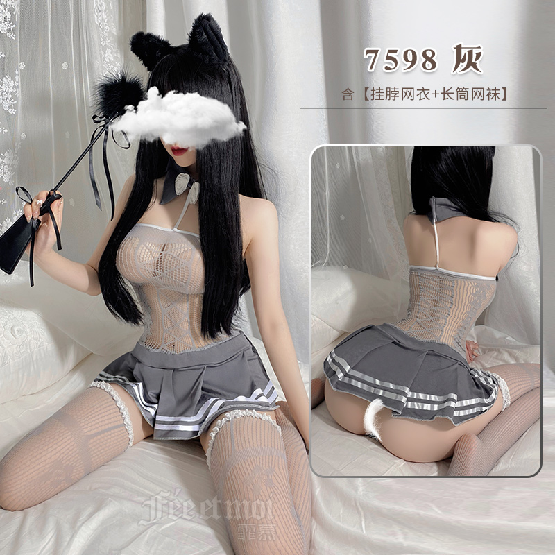 霏慕(Fee et moi)女式情趣睡衣 性感蕾丝床上情趣内衣透明制服网衣性感水手连身袜套装7598 灰【挂脖网衣+长筒网袜】7598 均码