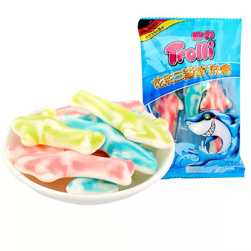 珍之初口力橡皮糖炫彩鲨鱼果汁软糖q糖小孩网红零食糖果