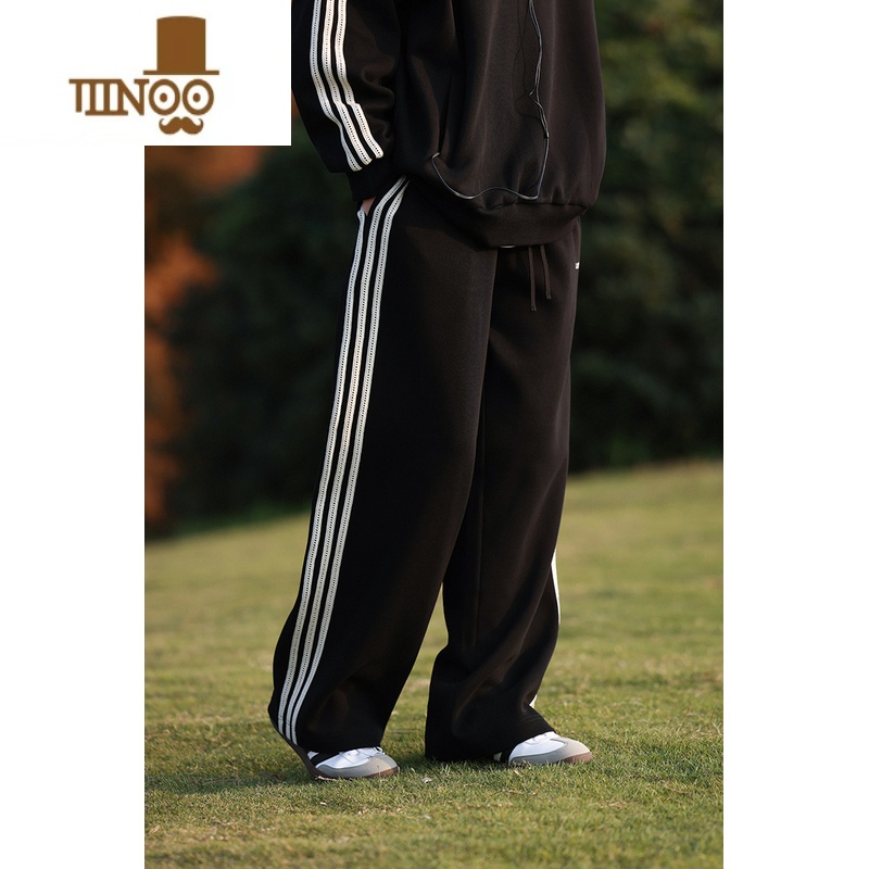 YANXU直筒运动裤男女宽松夏季百搭日系条纹卫裤复古潮牌三条杠休闲长裤高清大图