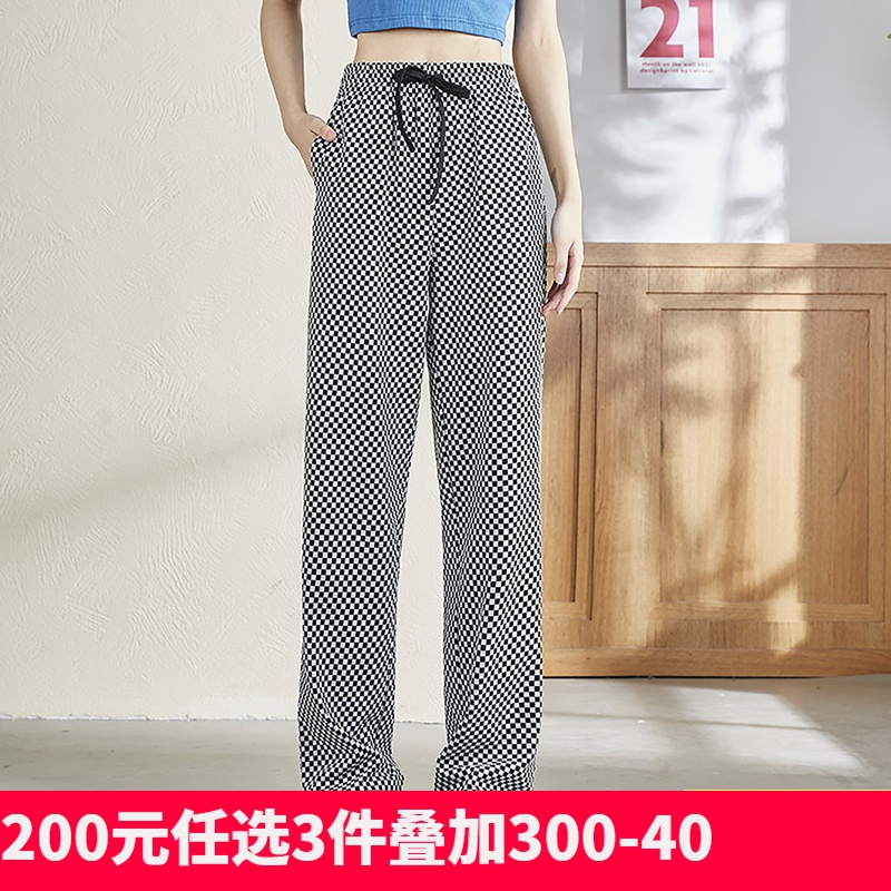[2.5折价88元]唐狮新款千鸟格休闲裤女微喇高腰显瘦喇叭裤直筒宽松复古裤子