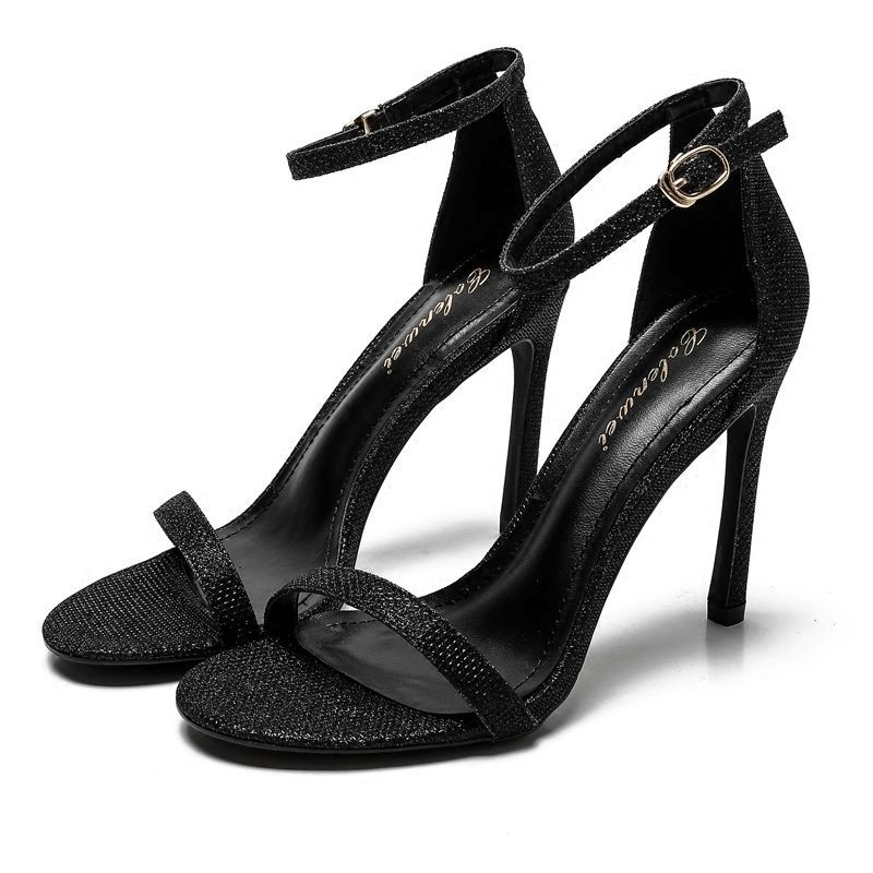 ideamini8cm黑色一字扣带凉鞋2020新款夏季百搭高跟鞋细跟裸色女鞋