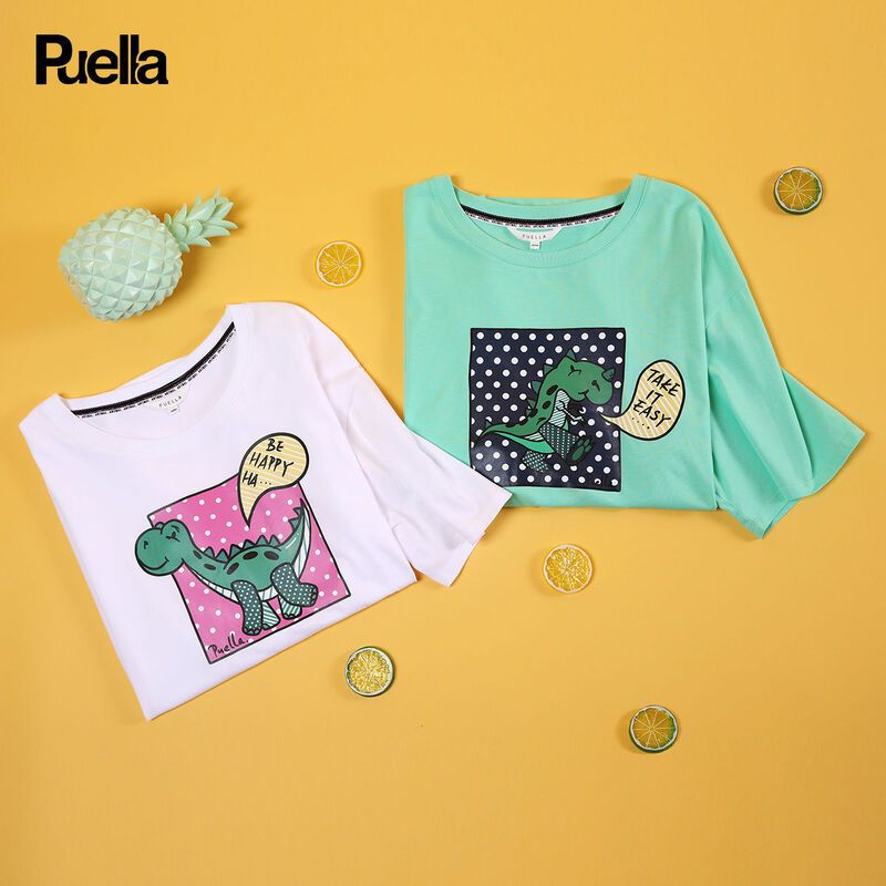 拉夏贝尔印花短袖女新款夏情侣装网红ins潮韩版抹茶绿牛