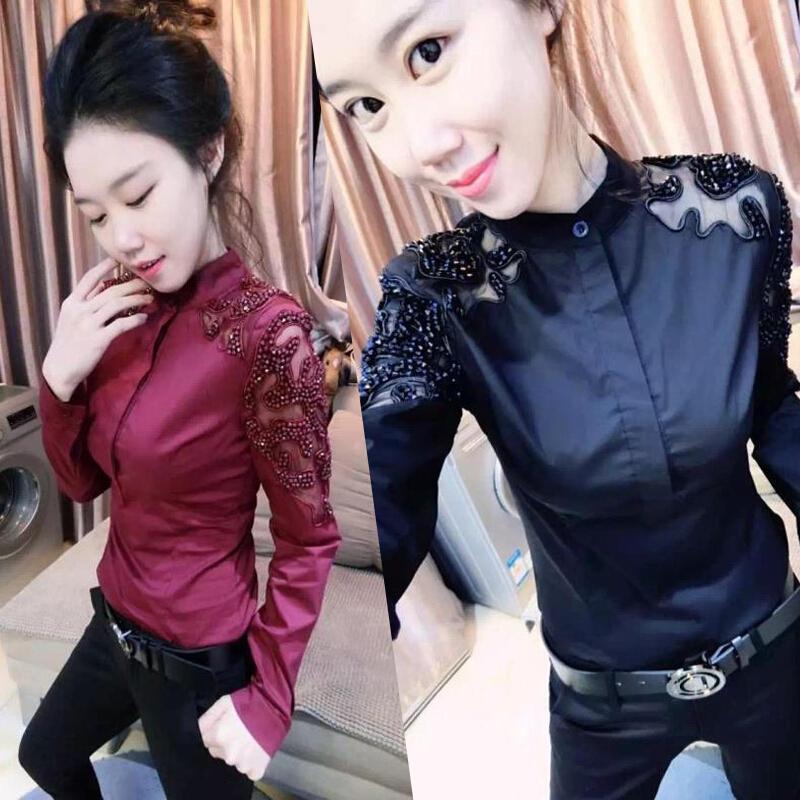 秋季韩版钉珠打底立领衬衣弹力修身纯棉衬衫女长袖