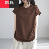 YIBUSHENG2024新款T恤女装短袖圆领时尚休闲文艺简约宽松复古上休上Y简 M 深咖色