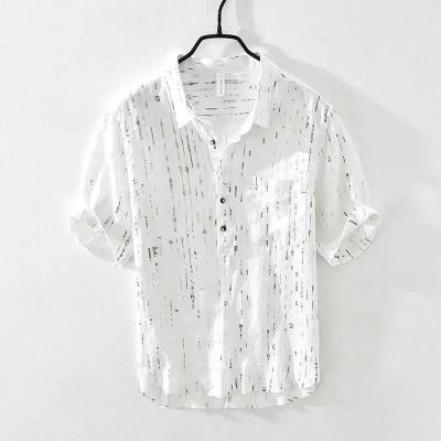 夏季新款亚麻短袖衬衫男士休闲宽松透气慵懒风漆点衬衣半袖寸衫男 白色[优质款] M 建议90-110斤