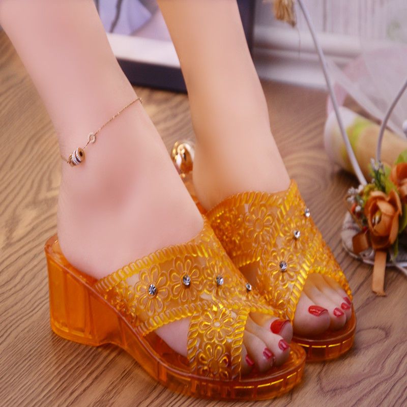 水晶拖鞋女夏坡跟塑料浴室内洗澡防滑防臭中跟妈妈凉拖鞋耐磨外穿555