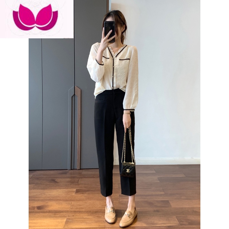 七斓早春季套装女新款胖妹妹显瘦穿搭上衣衬衫小香风遮肉套阔腿裤高清大图