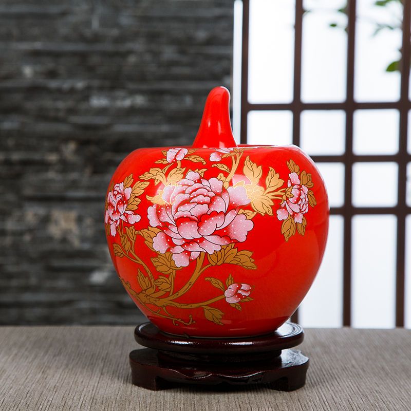 景德镇陶瓷器红色小花瓶摆件客厅插花器小瓷瓶结婚装饰品家居摆设|葫芦瓶(红色)PVC底座