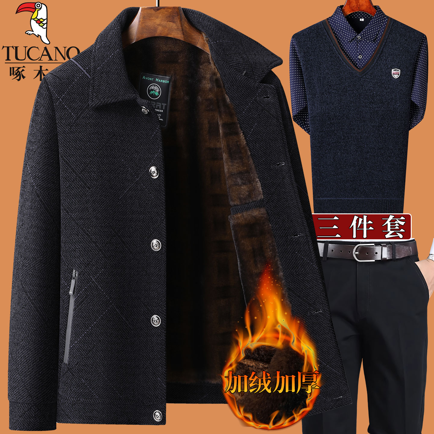 啄木鸟爸爸冬装外套装50岁60中老年人男70加绒加厚80爷爷老人棉衣高清大图