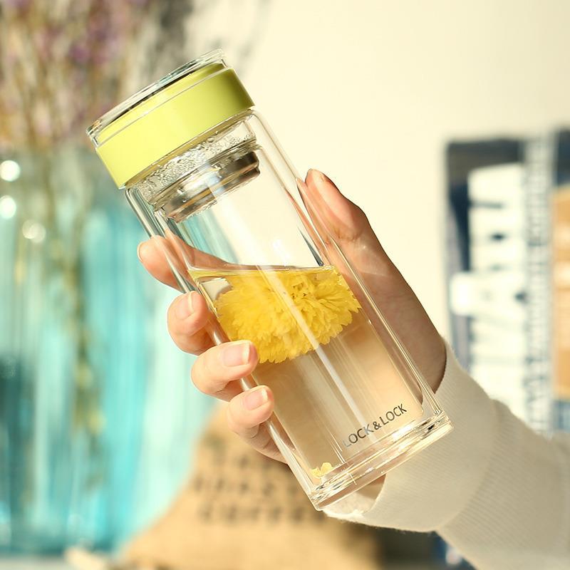 乐扣乐扣水杯男女情侣便携茶杯家用双层透明玻璃杯泡茶杯子水壶