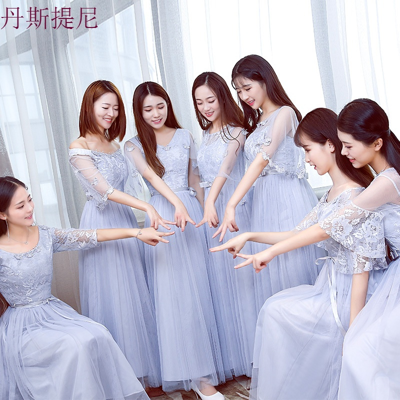 伴娘服长款2018韩版秋冬姐妹裙伴娘团礼服灰色显瘦毕业晚礼服