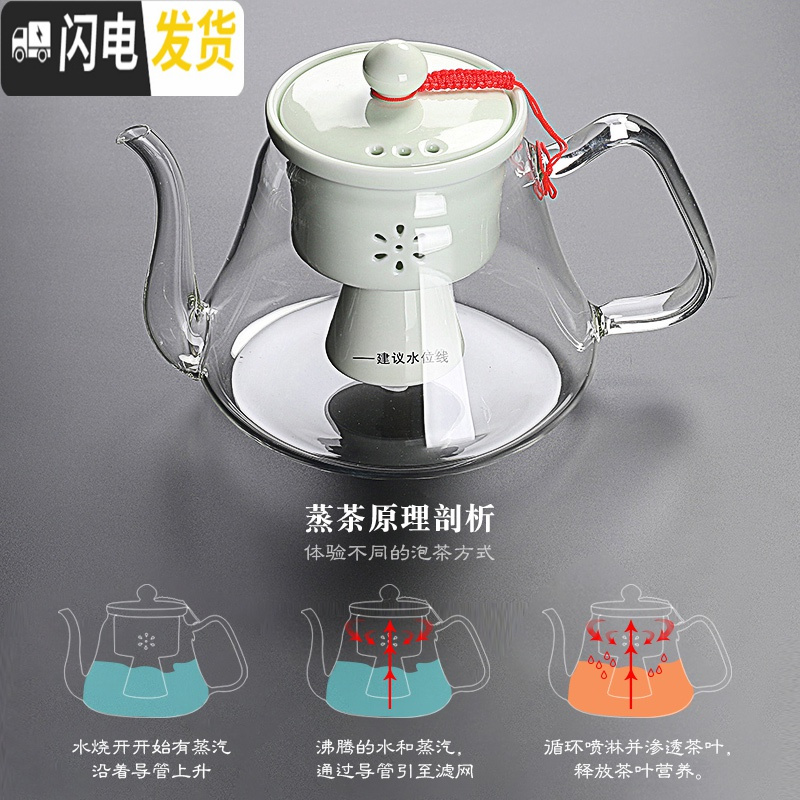 三维工匠电陶炉蒸汽煮茶器耐热过滤玻璃烧水壶加厚大容量提梁壶家用泡茶炉 侧把煮茶壶+电陶炉(绿)茶具