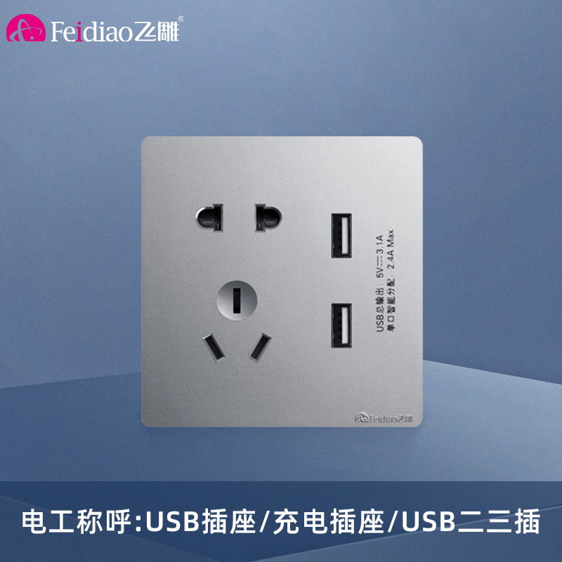 飞雕(FEIDIAO)开关插座面板 86型暗装五孔带2USB 家用商用插座面板 A7月光银五孔带二位USB 3.1A