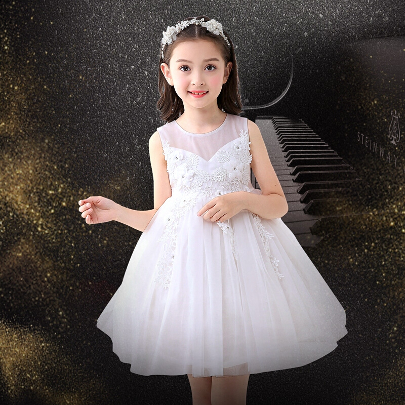 女童网纱蓬蓬公主裙花童白色纱裙生日主持人小礼服儿童连衣裙