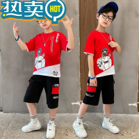 绿彩虹光2023男童新款短袖套装夏装新款童装中大童男孩帅气运动韩版两件套