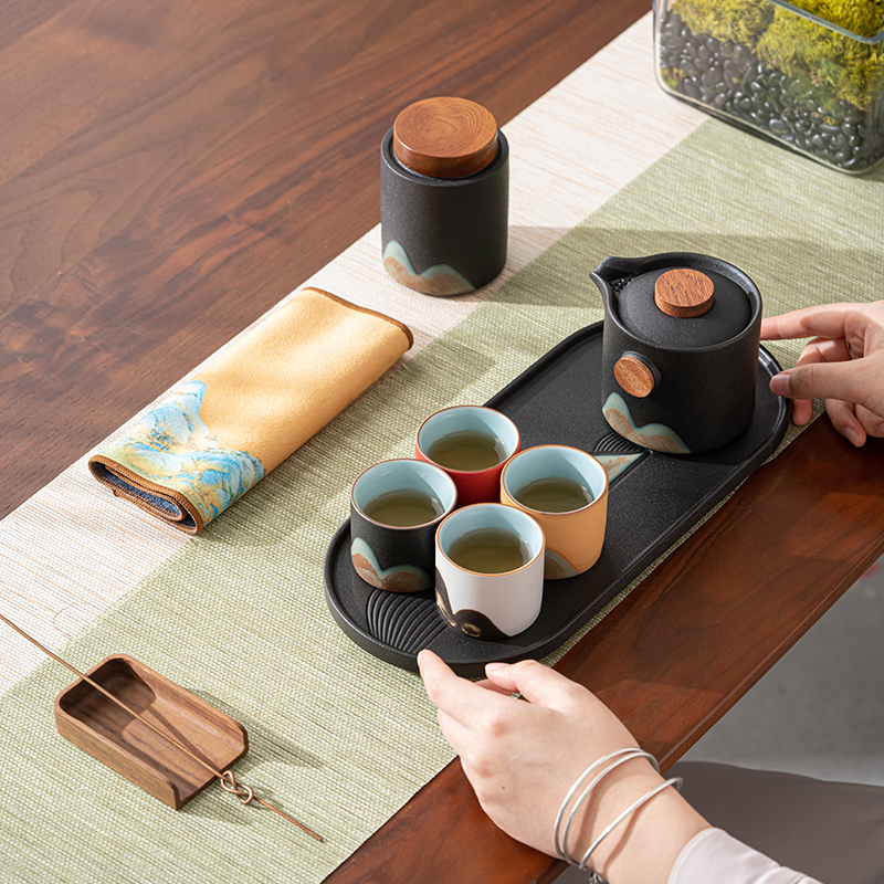 苏氏陶瓷(SUSHI CERAMICS)手绘釉画彩千里江山四色杯云舒壶套装干泡盘禅黑文创伴手礼套组