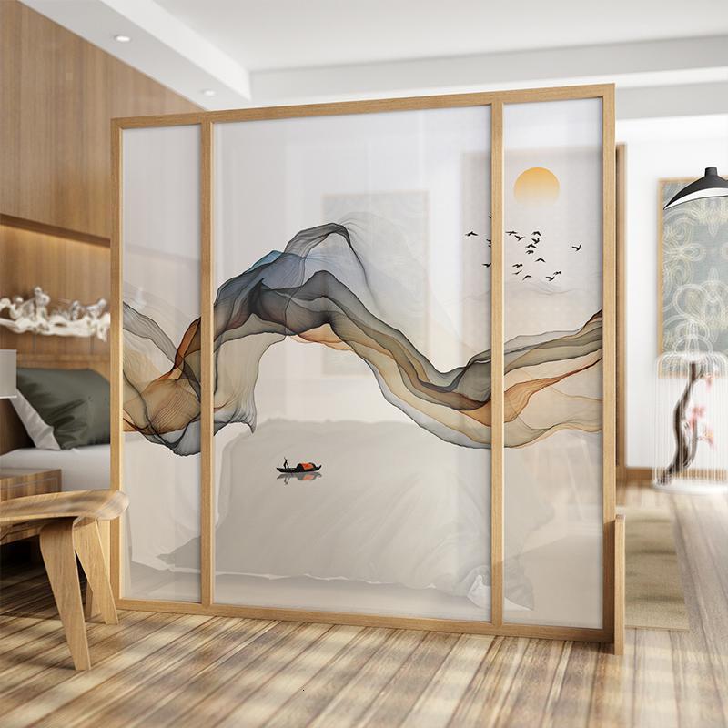 森美人新中式屏风隔断客厅简约现代进家用遮挡玄关布艺座屏移动山水 北美胡桃木（160*180cm）整装