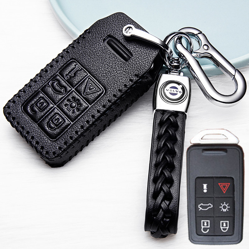 【补贴10%】沃尔沃XC60钥匙套2018款S60L/V40专用真皮钥匙套老款汽车钥匙包扣汽车钥匙包 沃尔沃C款黑色+绳扣（一键启动六个按键）