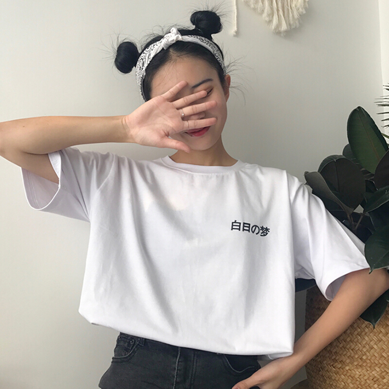 后背卡通头像短袖T恤女2018春夏新款韩版学生宽松打底衫上衣白色均码