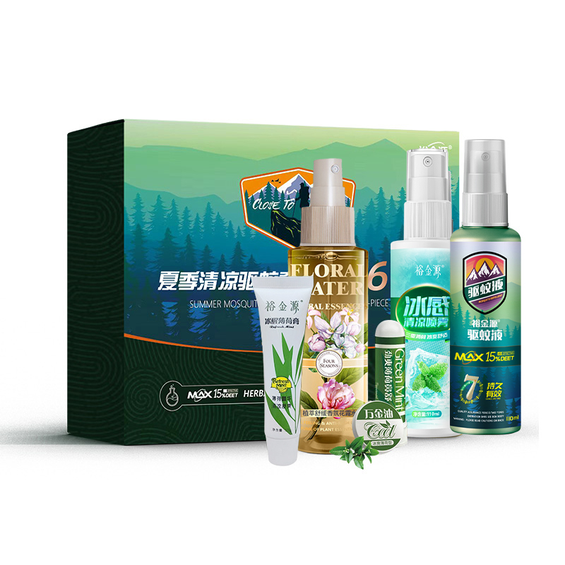 裕金源 夏季清凉驱蚊套装 臻选6件套(驱蚊液110ml+植萃舒缓香氛花露水120ml+冰感清凉喷雾110ml+ 薄荷膏高清大图