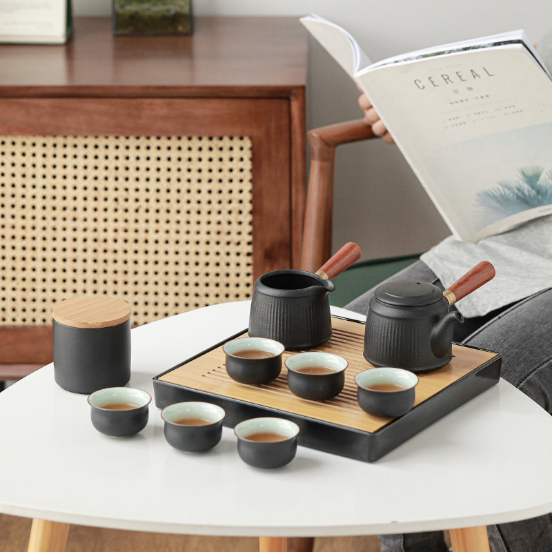 苏氏陶瓷(SUSHI CERAMICS)茶具套装 粗陶线条茶壶竹面储水式茶盘套组带礼盒