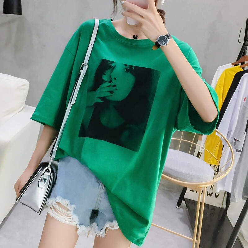 中长款BF风半袖大T恤女学生胖mm宽松大码韩版短袖打底衫棉麻上衣绿色均码