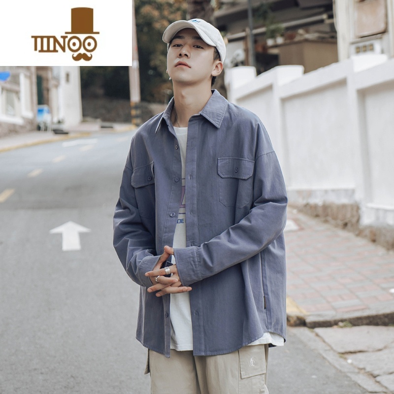 YANXU长袖衬衫男生潮牌宽松休闲工装纯色日系防晒外套韩版衬休外工高清大图