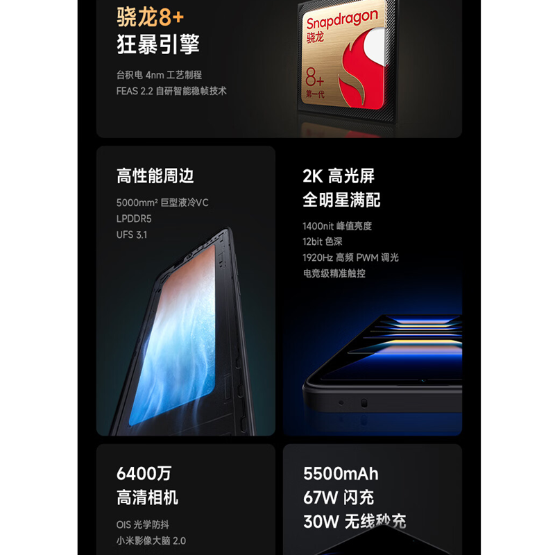 [全国联保]小米Redmi K60 16GB+256GB 墨羽 新骁龙8+性能芯 67W快充 双扬声器 支持NFC 5500毫安大电池 时尚游戏拍照智能手机高清大图