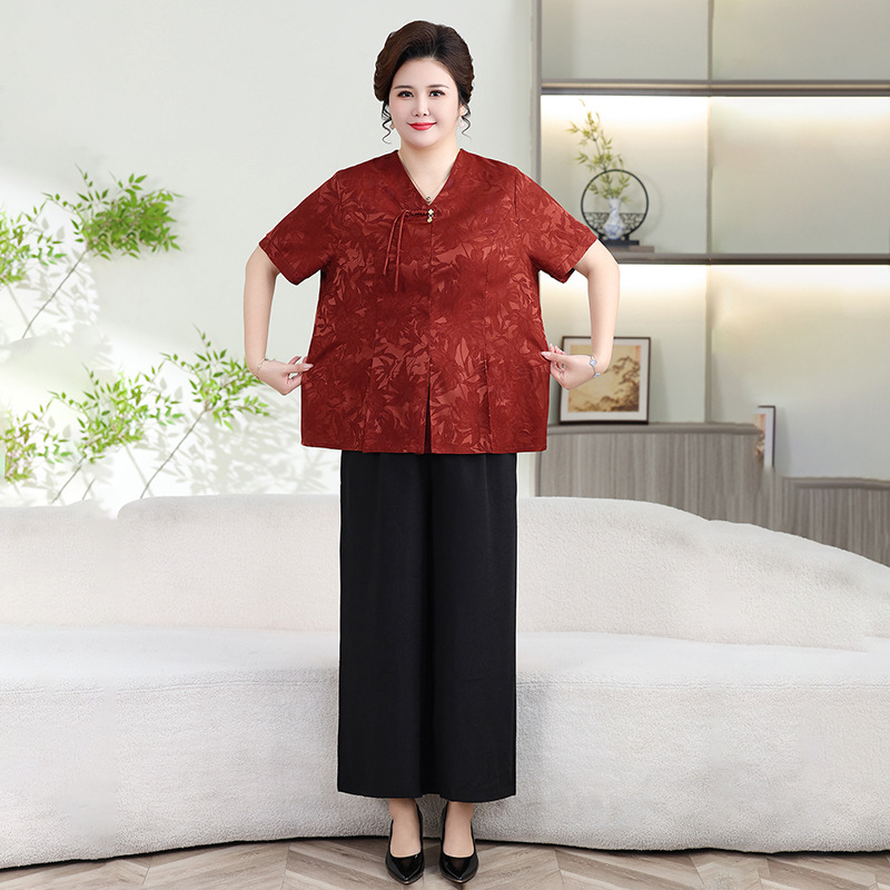 纤孜雅 夏季妈妈印花短袖两件套新款中老年加肥加大上衣裤子套装婆婆高清大图