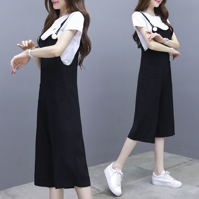 2021哺乳装外出时尚孕妇套装辣妈款夏装喂奶衣产后喂奶衣服两件套 白色上衣+黑色吊带[常规款] S