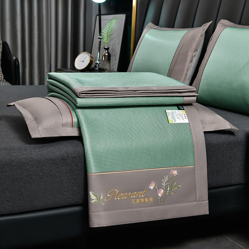 雅鹿家纺 清凉艾草清香养身席三件套绣花宽边藤席冰丝席