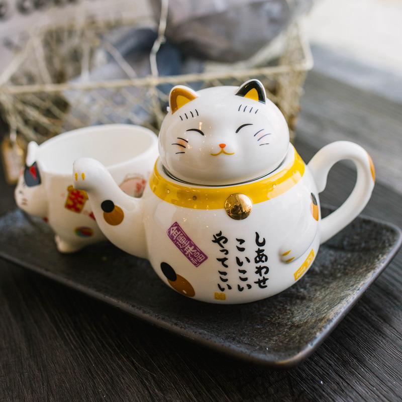 肚皮家 金运来福招财猫陶瓷茶壶杯套装 日式和风卡通花果茶具