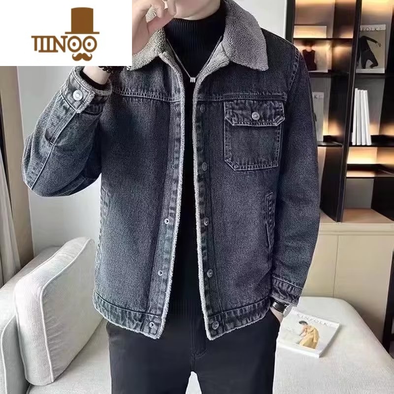 YANXU牛仔夹克外套男冬季2023新款加绒加厚牛仔衣大码休闲潮牌冬装高清大图