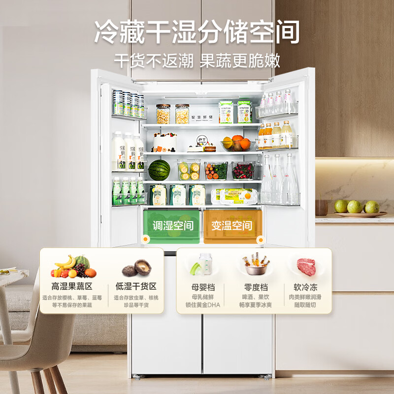 [自营]美的冰箱571升十字无缝平嵌双变频一级能效净味抗菌干湿分储冰箱BCD-571WUSPZM(E) 流苏白高清大图