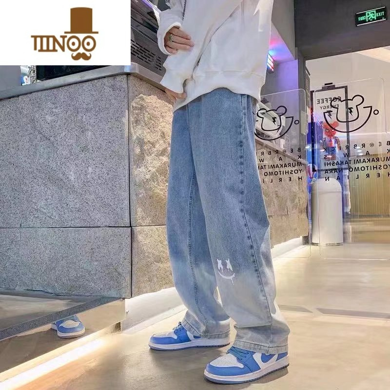 YANXU美式街头裤子高街ins潮男笑脸渐变复古牛仔裤宽松直筒拖地裤