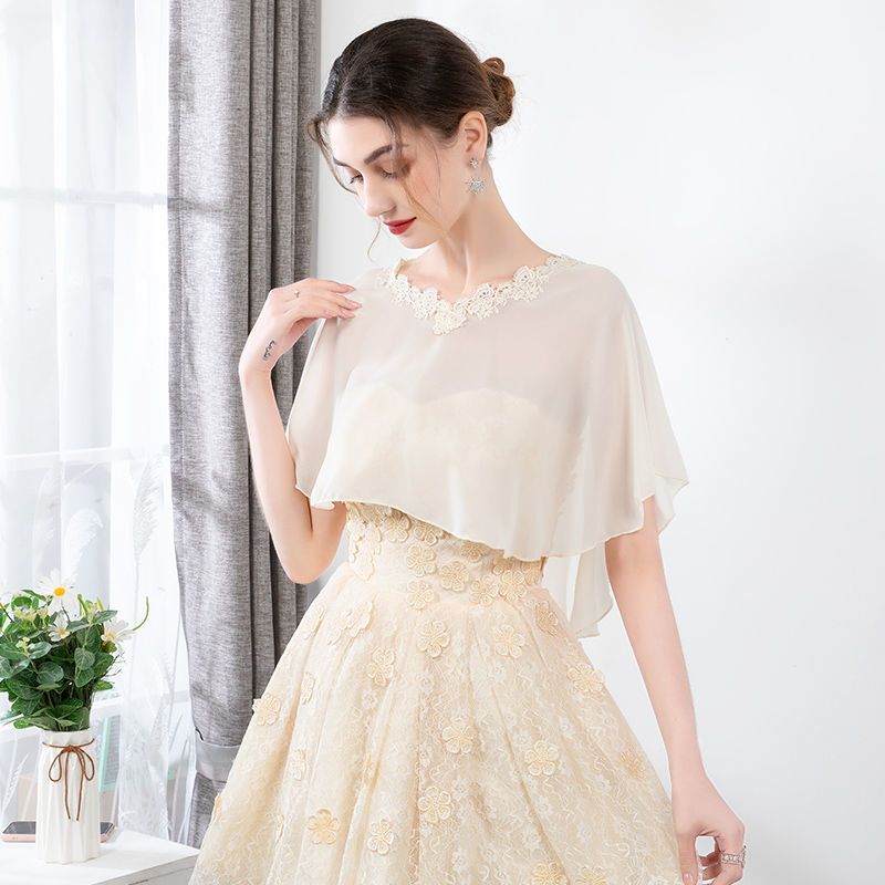 白色雪纺网纱礼服蕾丝小披肩夏百搭短款坎肩婚纱旗袍披肩外搭配裙子女