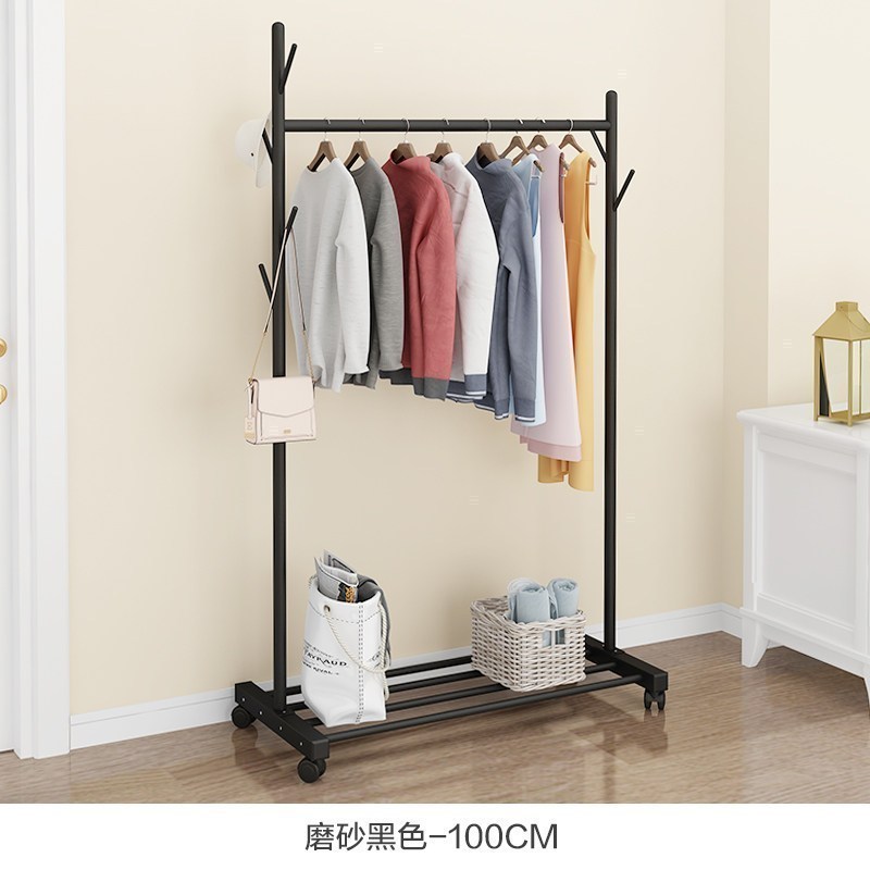 汐岩仿实木衣帽架挂衣架落地卧室少女单杆式宿舍大挂衣服架子家用 100磨砂黑-送轮