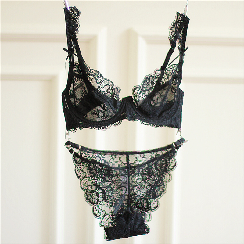 欧美女有钢圈内衣文胸罩超薄性感蕾丝刺绣透明少女宫廷套装夏日