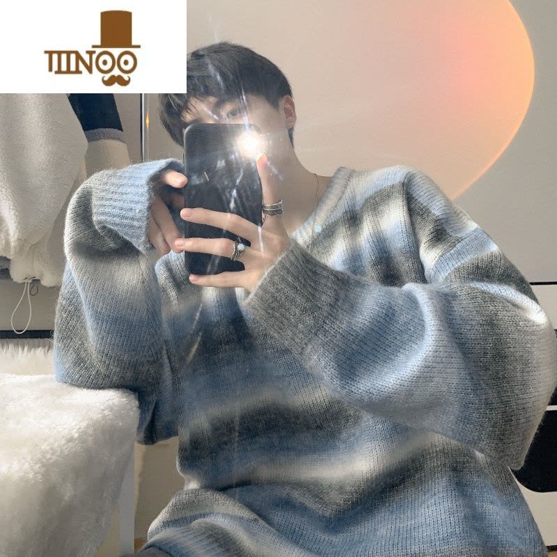 YANXU渐变色条纹圆领毛衣男韩系宽松慵懒风针织衫潮牌冬款外套图片