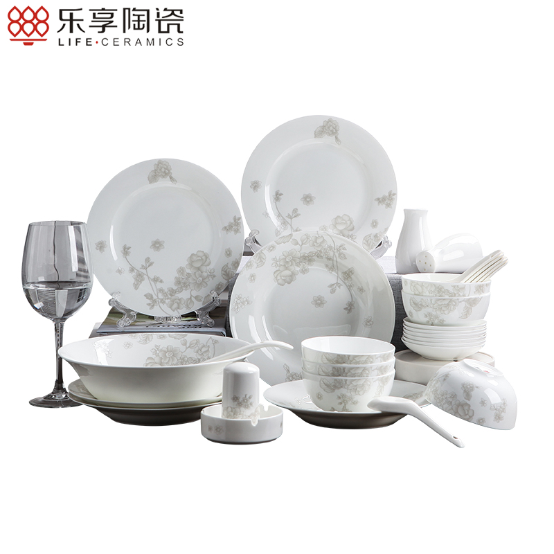 乐享 餐具套装国产陶瓷碗碟30头骨瓷盘微波炉适用家用吃饭碗盘 空谷幽兰