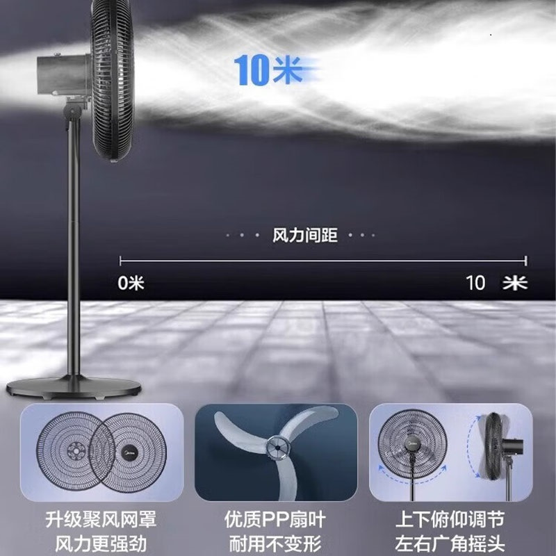 美的(Midea)FS45-23C电风扇落地扇家用轻音工业风扇强力摇头立式大风力纯铜牛角扇