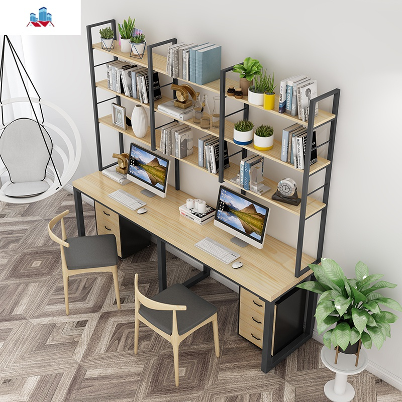 北欧铁艺实木书桌书架一体组合美式loft办公桌写字家用台式电脑桌 泰