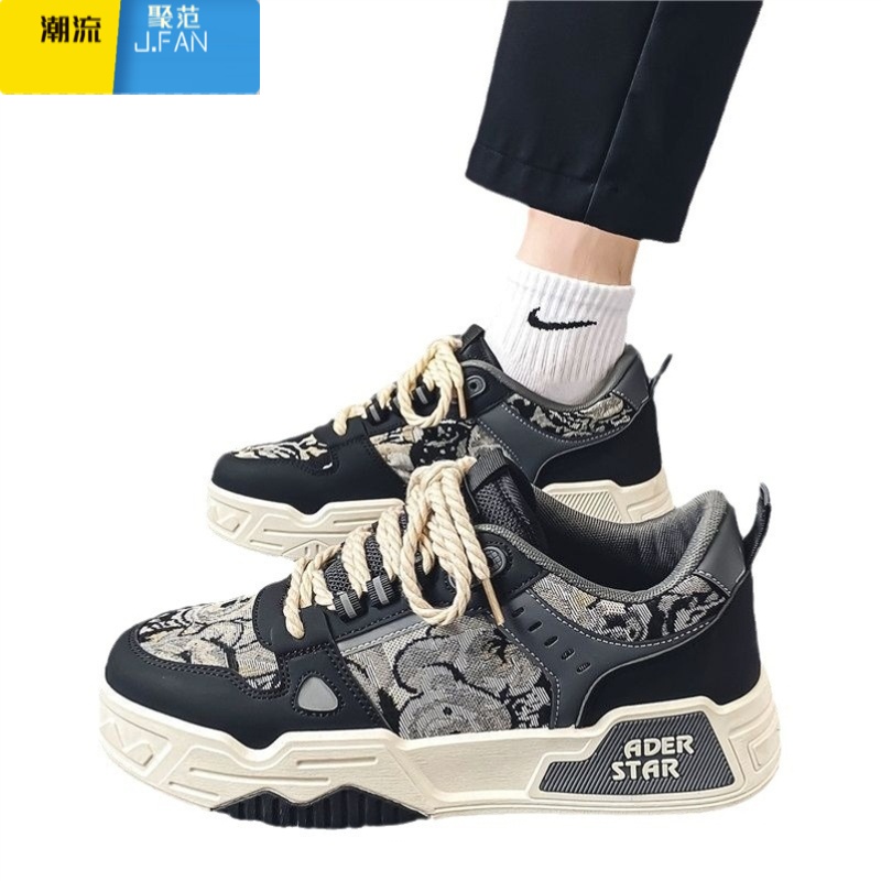 聚范男鞋2024新款夏季透气黑白熊猫板鞋男款休闲运动厚底防滑网面潮鞋高清大图