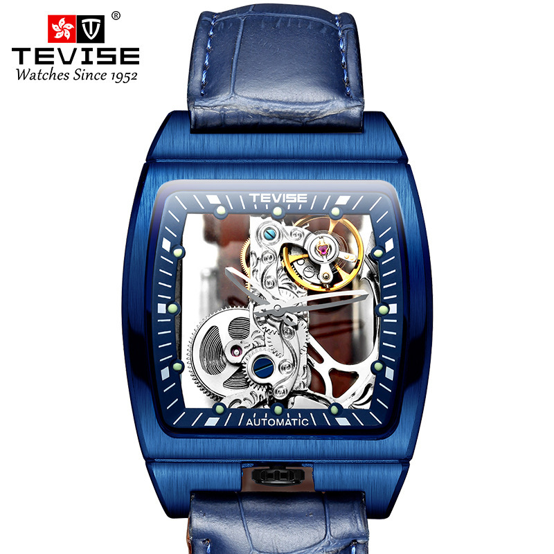 特威斯tevise手表时尚全镂空酒桶型机械表休闲运动夜光防水曲面屏男士