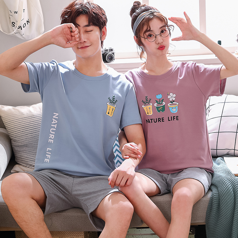 夏季青年情侣睡衣女棉短袖韩版夏天男士可爱棉薄款家居服两件套装 臻