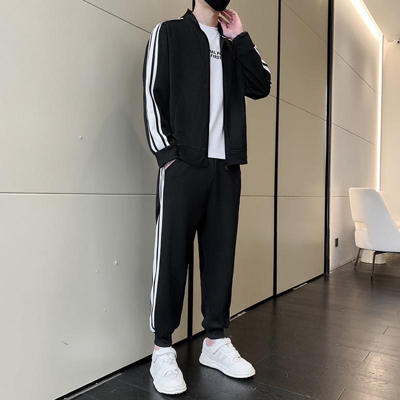 啄木鸟高端运动套装男士新款春秋开衫卫衣外套休闲裤搭配一套男装 617黑色套装 3XL